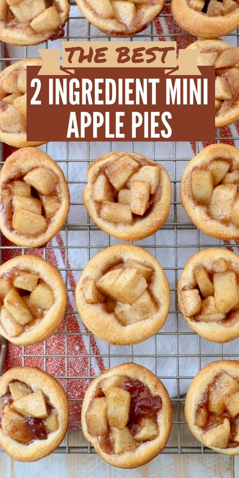 You only need 2 ingredients to make these super cute and delicious Mini Apple Pies! They're so easy to make in a mini muffin tin, and perfect for sharing at parties, Thanksgiving dinner and holiday gatherings. With just a can of crescent roll dough and apple pie filling, you can make this tasty recipe anytime! Mini Apple Pies Easy, Apple Pie Filling Desserts, Crescent Roll Apple Pie, Pie Filling Desserts, Mini Muffin Tin Recipes, Individual Apple Pies, Mini Apple Pie Recipe, Apple Pie Muffins, Mini Pie Crust