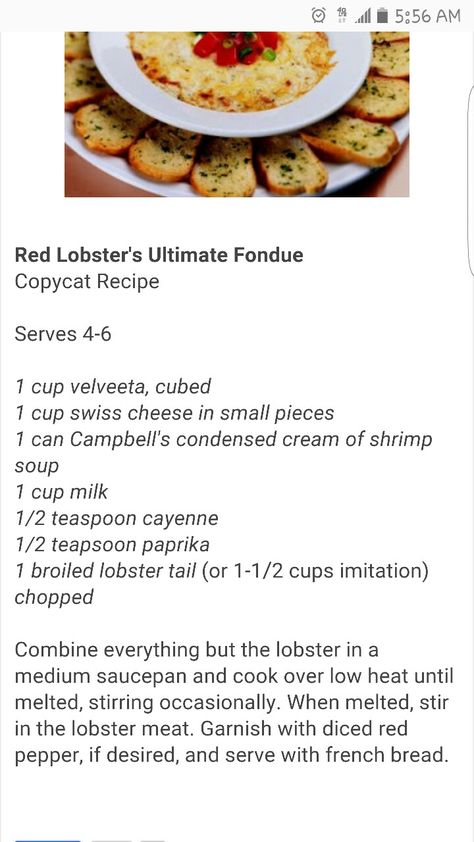 Red Lobster Seafood Fondue, Red Lobster Fondue Recipe, Seafood Fondue Recipes, Lobster Fondue, Seafood Fondue, Lobster Appetizers, Lobster Dip, Red Lobster Restaurant, Pizza Sandwich Recipe