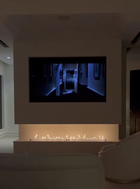 Clean Modern House Interior, Living Room With Projector Ideas Wall, Fairy Lights Bedroom Behind Tv, Huge Tv In Living Room, Big Tv Bedroom Aesthetic, Aesthetic Bedroom With Projector, Room Movie Projector Aesthetic, Sony Bravia, Huge Tv