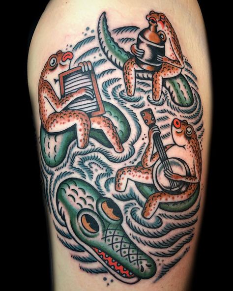 Cowboy Alligator Tattoo, Traditional Alligator Tattoo, Alligator Tattoo, River Tattoo, Sailor Tattoos, Favorite Tattoos, Bottle Tattoo, Tattoo Reference, Tattoo Women