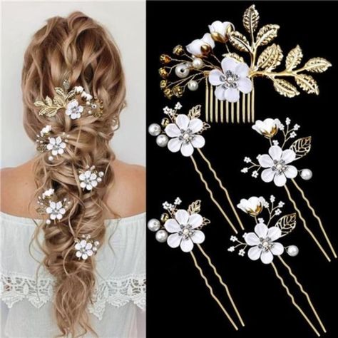 You Will Receive 5 Pieces Hair Pins In 3 Different Shapes, Liberal Quantity Can Meet Your Requirements As Much As Possible And Different Shapes Can Be Matched For Various Hair Style On Different Occasion. You Can Stick On Your Hair With Different Combinations As You Liked And Define Your Own Beauty Bridal Wedding Hair Pins Combs Clips Is Made Of High Quality Alloy With Rhinestones, Plump Smooth Pearl And Aesthetic Fake Petal, Which Make It More Elegant And Will Last For Long Time To Daily Use. T Hair Clips For Wedding, Hair Accessories Updo, Wedding Hair Pins Crystal, Gold Hair Accessories Wedding, Chopstick Hair, Vintage Headpiece, Gold Headpiece, Vintage Wedding Hair, Bridal Wedding Hair