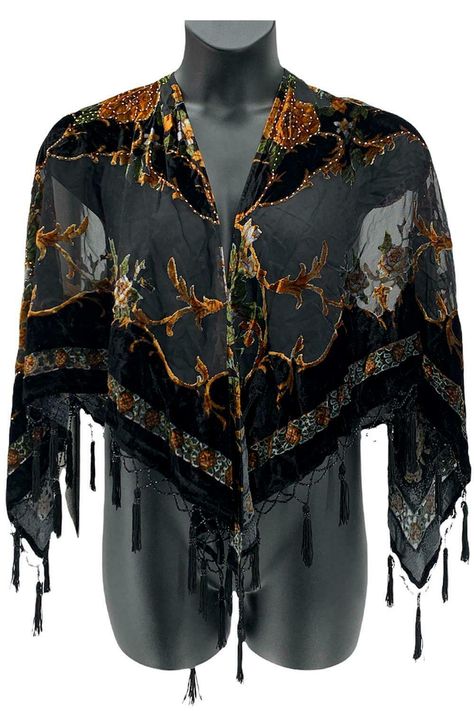 Features: open-front, garden of black mist decoration with border on edges, tassel detail Fit: one size fits most Measurements: 41"L x 39"W Content: 68% rayon/32% nylon, exclusive of decoration Care: dry clean Open Poncho, Beaded Scarf, Boho Shawl, Kirks Folly, Victorian Clothing, Fantasy Clothing, Character Outfits, Historical Fashion, Pretty Outfits