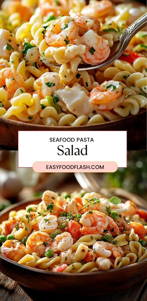 This delightful Seafood Pasta Salad is a refreshing and creamy dish, perfect for a summer picnic or as a side dish at your next family gathering. With tender tri-color pasta, crispy celery, sweet imitation crabmeat, and peas, all coated in a tangy, sweet mayonnaise dressing, it's a delicious, easy-to-make dish that's sure to impress. Seafood Pasta Salad, Mayonnaise Dressing, Tri Color Pasta, Seafood Salad Pasta, Cold Pasta Salad, Cold Salad, Seafood Salad, Seafood Pasta, Crab Meat