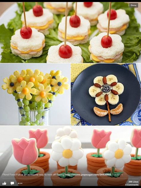 Cute flower food Flower Shaped Food, Ham And Cheese Sandwiches, Flower Power Party, Flower Cookie, Flower Birthday Party, Edible Bouquets, Spring Tea, Tea Party Food, Floral Centerpiece