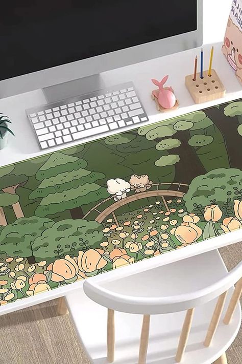 Transform your workspace into a whimsical paradise with this Cute Aesthetic Green Kawaii Anime Forest Desk Mat. Featuring an enchanting anime forest design in vibrant shades of green, this desk mat brings a touch of kawaii charm to your desk. Bunny Keyboard, Anime Forest, Forest Desk, Mouse Pad Aesthetic, Green Mouse Pad, Office Necessities, Mouse And Keyboard, Keyboard Mat, Personalized Desk