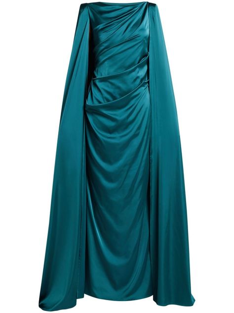 green cape design draped detailing round neck straight hem maxi Green Cape, Cape Designs, Talbot Runhof, Drape Maxi Dress, Wardrobe Edit, Glamorous Style, Cape Dress, Pink Maxi Dress, Exclusive Fashion