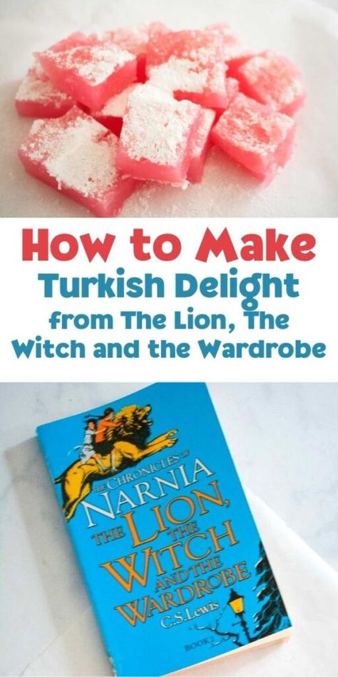 A recipe for kids to make inspired by the book The Lion, The Witch and the Wardrobe. This traditional treat of Turkish Delight is given by the Witch in the story to Edmund and is easy to make with tweens and teens. Lion The Witch And The Wardrobe Party, Lion Witch Wardrobe Party, The Lion The Witch And The Wardrobe, Narnia Activities, Turkish Delight Narnia, Narnia Food, Narnia Cake, Lion Witch And The Wardrobe, Narnia Birthday