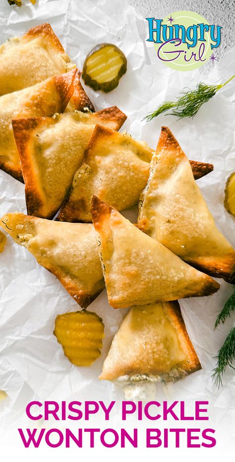 Crispy Pickle & Cheese Filled Wontons Recipe | Hungry Girl Pickle Wontons, Wonton Bites, Wednesday Ideas, Ww Appetizers, Ww Snacks, Bariatric Food, Hungry Girl Recipes, Wonton Recipes, 2024 Recipes