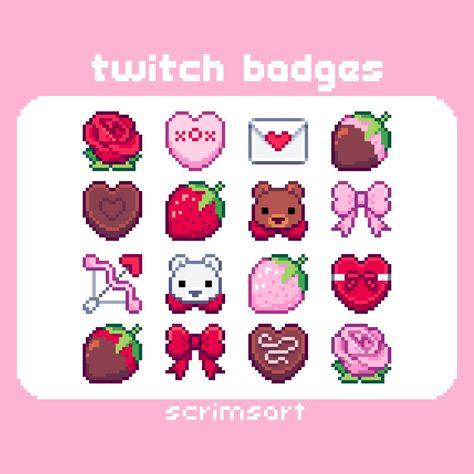 Valentines Day Pixel Art, Brain Pixel Art, Candy Pixel Art, Strawberry Pixel Art, Rose Pixel Art, Twitch Setup, Pixel Art Icon, Kawaii Chocolate, Heart Strawberry