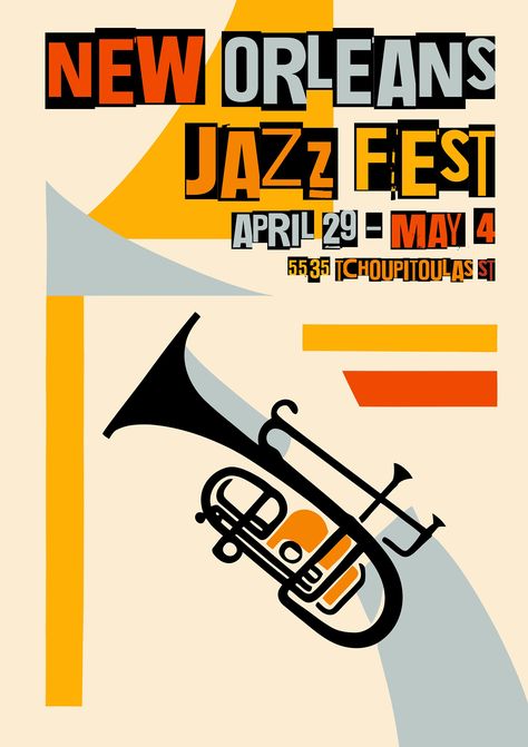 Jazz Poster Design Vintage, New Orleans Graphic Design, Trombone Illustration, Jazz Graphic Design, Retro Music Posters, Jazz Poster Design, New Orleans Jazz Festival, New Orleans Jazz Fest, Music Themed Rooms