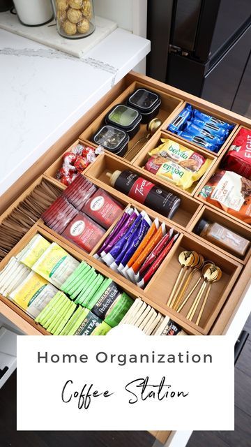 Tea Coffee Drawer Organization, Organized Coffee Drawer, Kitchen Tea Storage, Office Counter Organization, Coffee Tea Drawer Organizer, Hotel Room Tea And Coffee Station, Kitchen Tea Organization, Coffee Tea Storage, Tea Bar Organizer