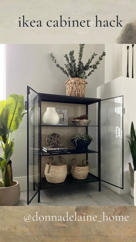 Ikea Glass Display Cabinet Hack, Black Glass Cabinet Living Room, Rudsta Ikea Cabinet Hack, Ikea Rudsta Hack, Ikea Rudsta Ideas, Ikea Glass Cabinet Hack, Rudsta Ikea Hacks, Rudsta Ikea Cabinet, Baggebo Hack Ikea