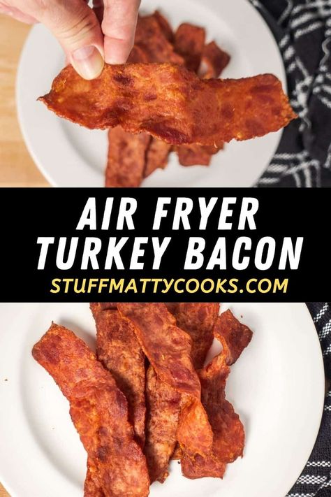 Turkey bacon in the air fryer comes out crispy and tasty. Great for breakfast and putting on sandwiches. Lower in fat calories. #airfryer #turkeybacon #airfryerturkeybacon #stuffmattycooks Air Fryer Turkey Bacon, Bacon In Air Fryer, Bacon In The Air Fryer, Air Fry Bacon, How To Cook Turkey, Cooking Turkey Bacon, Air Fryer Turkey, Cook Turkey, Instant Pot Turkey