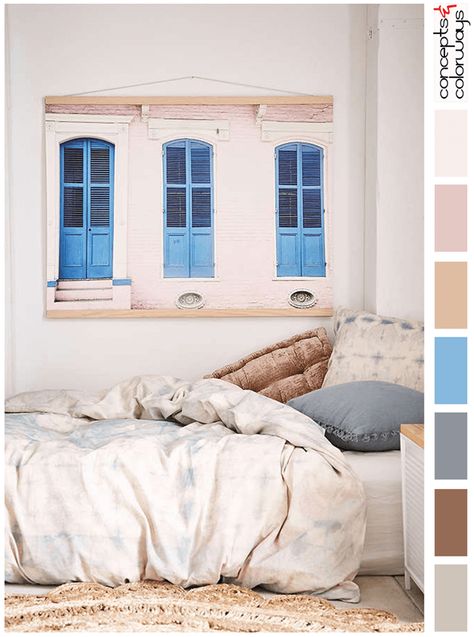 Create an inviting and uplifting interior with this perfect color palette - a gorgeous combination of off white, dusty rose, blush pink, copper tan, sky blue, dark gray, russet brown and taupe gray. Perfect for creating a cozy space - no matter the season. Pale Pink And Blue Aesthetic, Blue Pink Brown Palette, Sky Blue Complimentary Colors, Light Blue And Pink Colour Palette, Muted Pink And Blue Color Palette, Sky Blue Color Palette, Pink Interiors, Brown Interiors, Pink Rooms