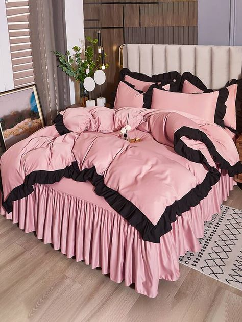 Pink And Black Bedding, Black Room Decor, Pink Bedroom Walls, Black Bedroom Decor, Ruffle Duvet Cover, Black And White Living Room, Pink Room Decor, Teen Bedroom Decor, Apartment Decor Inspiration