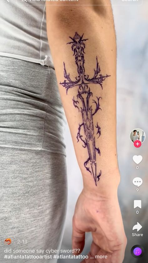 Tattoos Guys Arm, Four Arm Tattoo For Men, Spine Drawing Tattoo, Mens Cybersigilism Tattoo, Cybersigilism Tattoo Swords, Simple Sleeve Tattoos For Guys, Dagger With Wings Tattoo, Romantasy Tattoo, Dragonfly Forearm Tattoo