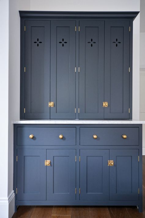 A gorgeous photo sent in by one of our customers, how cute are those ‘petal’ cut-outs on the doors!? Countertop Cabinet, Devol Kitchens, Blue Cabinets, Simple Furniture, Shaker Kitchen, Cupboard Doors, Cabinet Cupboard, Kitchen Pantry, Farrow Ball