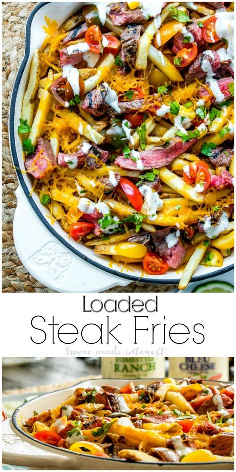 Loaded Steak Fries | These Loaded Steak Fries are the perfect party appetizer recipe especially if you’re looking for easy game day recipes or football party food. A big skillet loaded with french fries and grilled steak and covered in cheese and ranch dressing. This is an easy appetizer recipe that anyone can make and a steak recipe that everyone will love! AD Game Day Recipes, French Fries Recipe, Diy Easy Recipes, Loaded Fries, Football Party Food, Healthy Vegan Snacks, Fries Recipe, Steak Fries, Party Appetizer