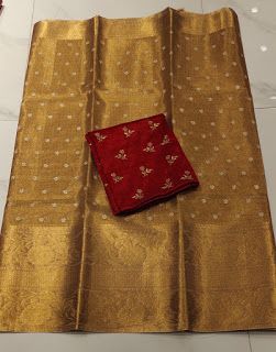 Gold Tissue Saree With Contrast Blouse, Saree Everyday, Sari Designs, Rekha Saree, Draping Saree, Plain Blouse Designs, Unique Sarees, Patiala Dress, Jute Silk Saree