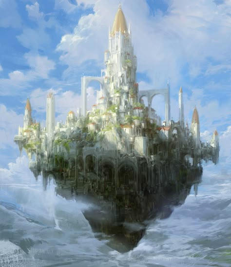 Sky castle, Paperblue .net on ArtStation at https://www.artstation.com/artwork/N5d5Pq Air City Concept Art, Air Castle Fantasy Art, Sky Castle Fantasy Art, Fantasy Sky Castle, Fantasy City In The Sky, Sky Castle Aesthetic, Fantasy Castle Illustration, Sky City Concept Art, Fantasy Sky City