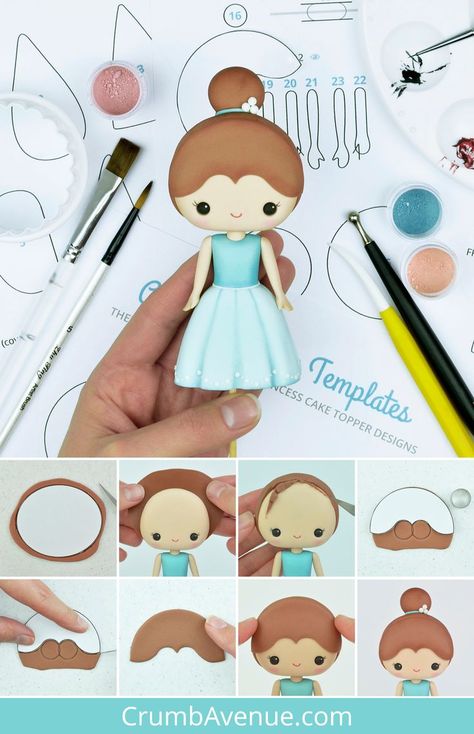 Fondant People Step By Step, Fondant People Tutorial, Fondant Princess, Fondant Hair, Kawaii Figurine, Fondant Girl, Princess Cake Topper, Fondant People, Fondant Figures Tutorial