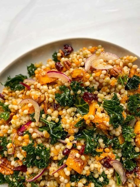 Pearl Couscous Sweet Potato, Veggie Forward Recipes, Healthy Autumn Dinner, Autumn Kale Salad, Truffle Couscous, Autumn Casseroles, Isreali Coucous, Cooking For Husband, Cheap Vegetarian Recipes