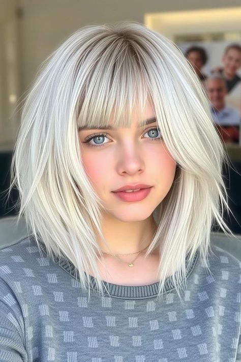 29 Icy Platinum Shoulder-Length Long Bob Haircuts and Hairstyles Bob With Full Fringe, Long Bob With Fringe, Bob Hair Styles, Trendy Bob, Full Fringe, Long White Hair, Hairdo Wedding, Cool Short Hairstyles, Faded Hair