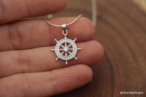 Boat steering wheel necklace, Ship wheel pendant, Sterling Silver Zircon Women Necklace, Sailor Skipper Jewelry, Ocean Sea Boats Charm Gift Ship Steering Wheel, Boat Steering Wheel, Small Business Gift Ideas, Boat Wheel, Surf Necklace, Jewelry Ocean, Surf Jewelry, Oval Jewelry, Ship Boat