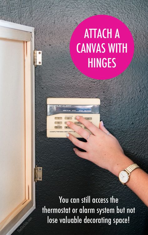 How to Hang Canvas on Hinges to Cover Alarm Systems or Heating/Air Conditioning Units Hide Thermostat, Hide Electrical Cords, Air Conditioner Hide, Cover Thermostat, Thermostat Cover, Hallway Decoration, Air Conditioner Units, Furnace Repair, Rachel Hollis