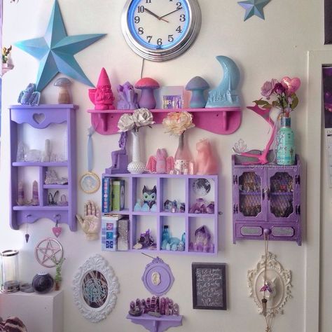 Pastel Goth Aesthetic Room, Pastel Goth Room Ideas, Pastel Witch Aesthetic, Colored Shelves, Pastel Goth Room, Pastel Goth Decor, Pastel Witch, Pastel Fairy, Goth Bedroom