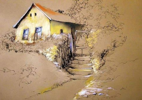 Art Reference Photos Poses, Watercolor Pencil Art, Watercolor Architecture, Pastel Artwork, Photos Poses, Pastel Landscape, Architecture Drawing Art, Oil Pastel Art, Architecture Painting