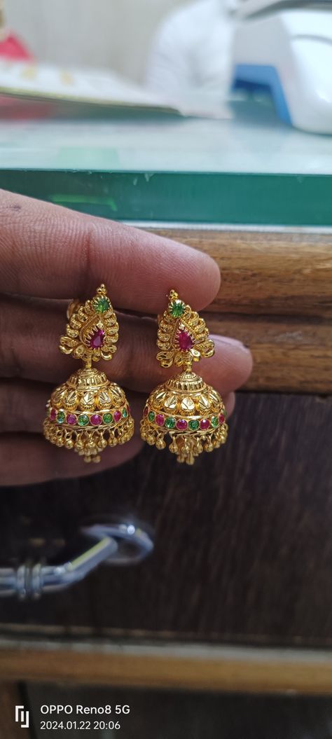 Buttalu Earrings Gold, Gold Buttalu, Gold Jhumkas, Pink Jewellery, Gold Earrings For Kids, Color Knowledge, Wallet Sewing Pattern, Gold Jhumka, Jhumka Designs