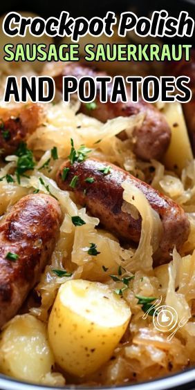 Enjoy the comforting and hearty flavors of Eastern Europe with this Easy Crockpot Polish Sausage Sauerkraut and Potatoes dish. Perfect for busy weeknights or a cozy family dinner, this recipe… Low Carb Polish Sausage Recipes, Crockpot Sauerkraut And Kielbasa, Sauerkraut Crockpot Recipes, Sourkraut And Sausage Recipes, How To Cook Polish Sausage In Oven, Best Ever Saurkraut, Sauerkraut Recipes Crockpot, Pork Hocks And Sauerkraut, Kielbasa Sausage Recipes Crockpot