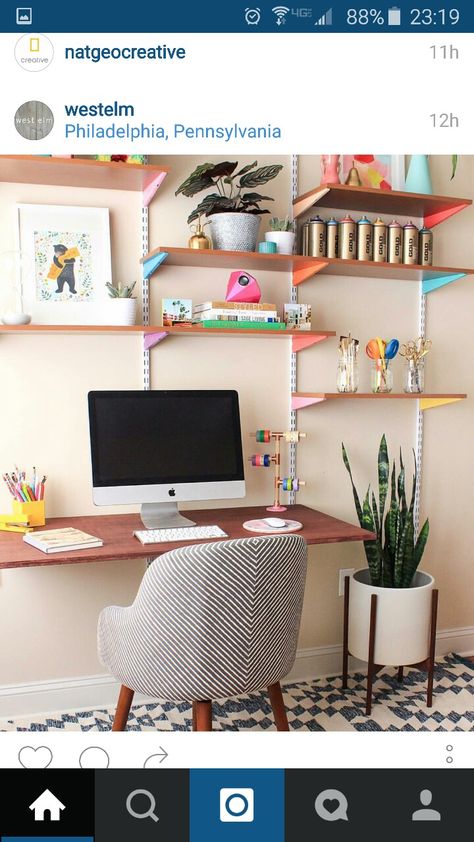 Shared Home Office Ideas, Track Shelving, Shared Home Office, Ikea Desk Hack, Desk Hacks, Desk Diy, Office Shelf, Ikea Desk, Casa Vintage