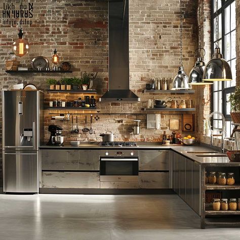 3+ L Shaped Kitchen Design Tips for Sleek Industrial Spaces • 333+ Art Images Rustic L Shaped Kitchen, Industrial Open Kitchen, Industrial Cottage Kitchen, Italian Industrial Design, Rustic Industrial Kitchen Design, Industrial Rustic Kitchen, Rustic Industrial Kitchen, Columns Decor, Kitchen Design Tips