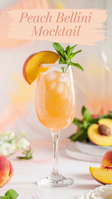 "Discover the perfect Peach Bellini Mocktail recipe for a refreshing summer treat! This non-alcoholic cocktail combines juicy peaches and sparkling soda for a delightful sip. Ideal for warm days, this easy mocktail idea is a must-try for anyone looking to enjoy fruity beverage recipes. Elevate your summer gatherings with this delicious and refreshing drink recipe that everyone will love! Perfect for all ages, this Peach Bellini Mocktail is a standout among summer mocktails." Peach Bellini Mocktail Recipe, Kombucha Mocktail Recipe, Non Alcoholic Drink Bar, Peach Mocktail Recipe, Peach Mocktail Non Alcoholic, Tropical Mocktails Non Alcoholic, Peach Bellini Mocktail, Bellini Mocktail, Mocktail Ideas