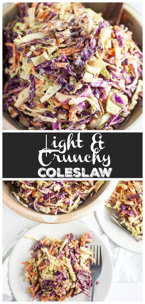 This Light and Crunchy Coleslaw recipe is a healthier version of the summer classic. It's lighter on the mayo than most coleslaw recipes but still nice and creamy. The cabbage shines through with the addition of Dijon mustard and celery seeds. It makes a delicious topping for pulled pork or fish tacos. This recipe actually makes me excited to eat coleslaw! #coleslaw #healthy #cabbage #coleslawrecipes Coleslaw Healthy, Crunchy Coleslaw, Coleslaw Recipes, Healthy Coleslaw, Coleslaw Recipe Easy, Salad Summer, Recipe Salad, Coleslaw Recipe, Healthy Side Dishes