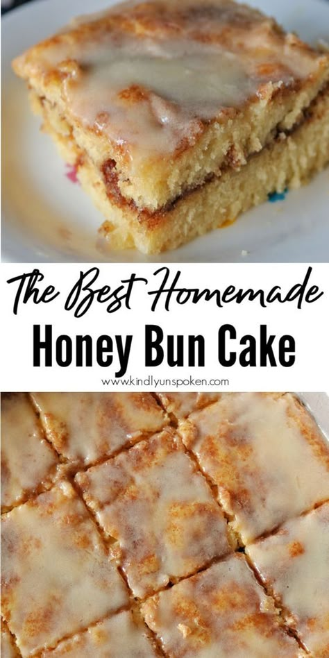 Try my Best Honey Bun Cake Recipe from Scratch for a soft and tender buttery yellow cake, layered with swirls of brown sugar cinnamon, and a delicious honey vanilla glaze on top. It tastes even better than honey bun snack cakes and is made in 1 hour time! Homemade Honey Bun Cake, Honey Bun Cake Recipe From Scratch, Honeybun Cake Recipe, Honey Bun Cake Recipe, Bun Cake Recipe, Recipe Using Honey, Honey Dessert, Cake Recipe From Scratch, Honey Bun Cake