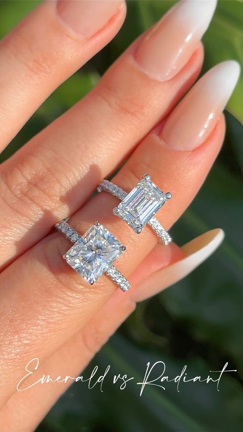 Emerald Vs Radiant Engagement Ring, Radiant Cut Emerald Engagement Ring, Emerald Engagement Ring Diamond Band, Emerald Diamond Ring Engagement, Radiant Vs Emerald Engagement Rings, Emerald Vs Radiant Diamond, Radiant Vs Emerald, Radiant Cut Rings, Dream Rings