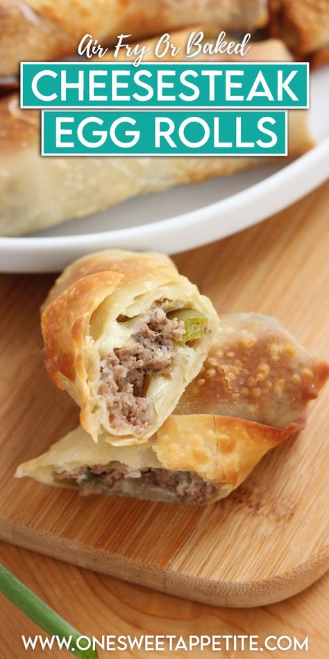 Baked Philly Cheesesteak Egg Rolls Philly Cheesesteak Eggrolls, Philly Cheese Steak Egg Rolls, Baked Eggrolls, Cheese Steak Egg Rolls, Cheesesteak Eggrolls, Egg Rolls Baked, Philly Cheesesteak Egg Rolls, Wrapper Recipes, Egg Roll Ingredients