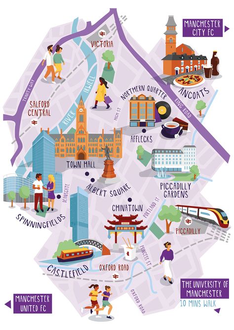 map illustration of manchester city centre for Manchester University Manchester Illustration, Manchester Tourism, Manchester Oxford Road, Barcelona City Map, Manchester Map, City Maps Illustration, Victoria City, Manchester University, Manchester Travel