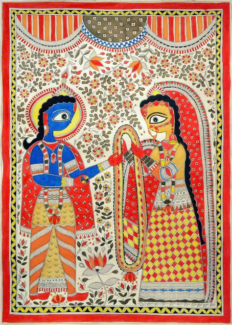 Radha Krishna Madhubani Painting, Painting Krishna, Mithila Art, Mithila Painting, Sri Radha, Sri Sri, Indian Painting, Madhubani Art, Indian Folk Art