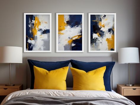 Navy Blue, Mustard Yellow, White and Grey Abstract Wall Art Modern, Contemporary, Home Decor, Print, Poster, Printable, Instant Download - Etsy Mustard Blue Living Room, Grey Blue Yellow Bedroom, Mustard Yellow And Navy Bedroom, Navy Blue And Yellow Bedroom Ideas, Grey And Mustard Bedroom, Navy Blue And Yellow Bedroom, Blue And Mustard Living Room, Navy Blue Decor Living Room, Mustard And Grey Bedroom