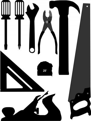 PublicDomainVectors.org-Silhouette vector image of selection of tools. Color illustration of hand hammer, angle, wrench, screwdriver, saw, pliers, tools and instruments. Framing Square, Fun Factory, Free Clipart Images, Silhouette Clip Art, Adjustable Wrench, Basic Tools, Cameo Projects, Scan And Cut, Male Cards