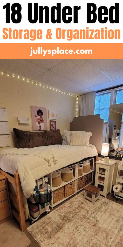 Lofted Bed Storage, Clothing Storage Under Bed, Under Bed Craft Storage, Storage Under Loft Bed Ideas, High Captain Dorm Bed, Under The Bed Organization, College Dorm Room Bed Ideas, Storage Under Dorm Bed, Under Twin Bed Storage Ideas