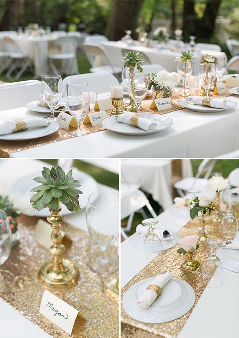 White And Gold Wedding Themes, White Wedding Table Decor, Gold Table Decorations, Wedding Food Table, Gold Table Decor, Gold Table Setting, White Table Settings, Fest Temaer, Tafel Decor