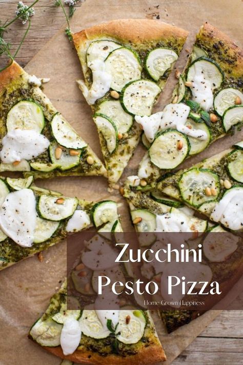 Zucchini and Green Pesto Pizza - Home Grown Happiness Meat Free Meals, Pizza Zucchini, Courgette Recipes, Pesto Pizza Recipe, Vegetarian Pizza Recipe, Zucchini Pizza, Pizza House, Green Pesto, Zucchini Pizzas