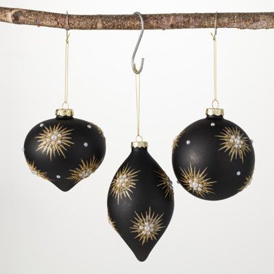 This set of beaded star glass ornaments will make your decor stand out this Christmas season. Vibrant and elegant, these ornaments feature intricate beadwork and shimmering gold stars for a bold modern look. Great for gift giving and creating memories with family and friends. | The Holiday Aisle® 3 Piece Starburst Finial Ornament Set Glass in Black / Yellow, Size 5.75 H x 4.0 W x 4.0 D in | Wayfair Christmas Centrepiece Table, Decor Stand, Glass Finial, Beaded Star, Mercury Glass Ornaments, Creating Memories, Christmas 2024, Christmas Centerpieces, Ball Ornaments