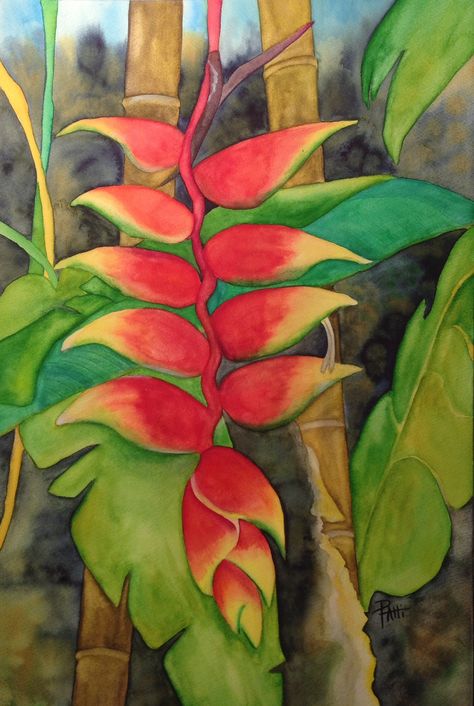 Haliconia painting www.pattipaintings.com Tropical Painting, Caribbean Art, Hawaiian Art, Flower Painting Canvas, Tropical Art, Flower Art Painting, Plant Art, Leaf Art, Mural Art