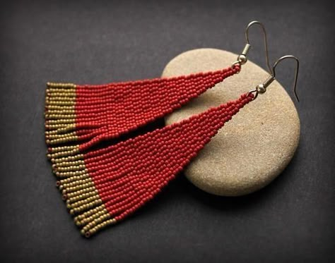 Assemblage Earrings, Red Fringe, Earrings Ideas, Blue Crystal Earrings, Beaded Earrings Diy, Brick Stitch Earrings, Unusual Earrings, Boho Style Jewelry, Beaded Earrings Patterns